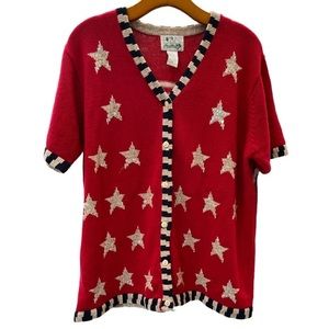 The Quaker Factory American Flag Cardigan Sweater Medium Stars Stripes‎ Sequin
